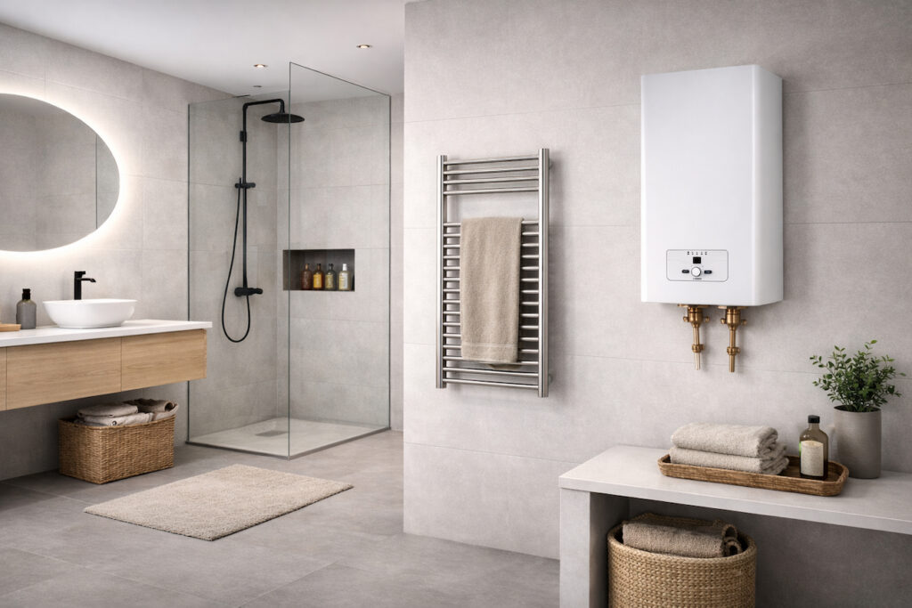 Moderno kupatilo sa električnim kotlom za zagrevanje vode i zidnim sušačem za peškire