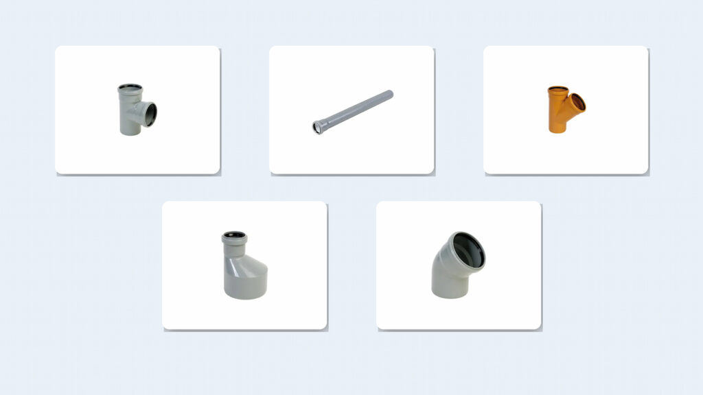 PVC kanalizacioni elementi i cevi za odvod, uključujući T račvu, kosu račvu, redukciju, koleno i ravnu cev, prikazani na svetloj pastelnoj pozadini