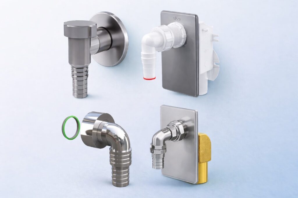 Četiri zidna priključka za vodu i odvod, raspoređena u mreži na pastelno plavoj pozadini