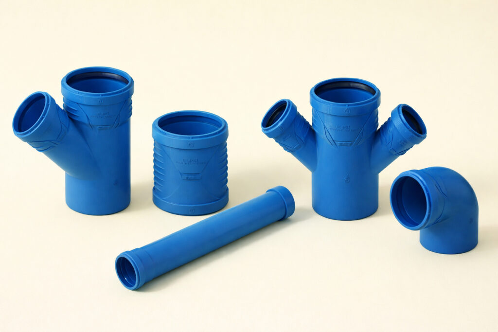 Plavi PVC kanalizacioni fitinzi uključujući Y račvu, dvostruku račvu, spojnicu, cev i koleno na svetloj pozadini