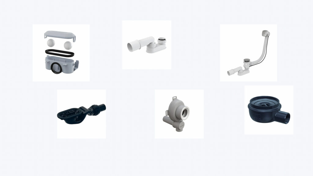 Sifoni i odvodni pribor za kupatilo i kuhinju na svetloj pozadini, uključujući sifon za lavabo, sifon za kadu, podni sifon i odvodne elemente