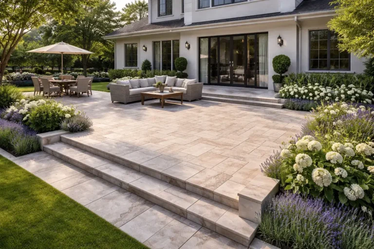 Uređeno dvorište sa velikom terasom ispred kuće popločanom modernim podnim pločicama i baštenskim nameštajem