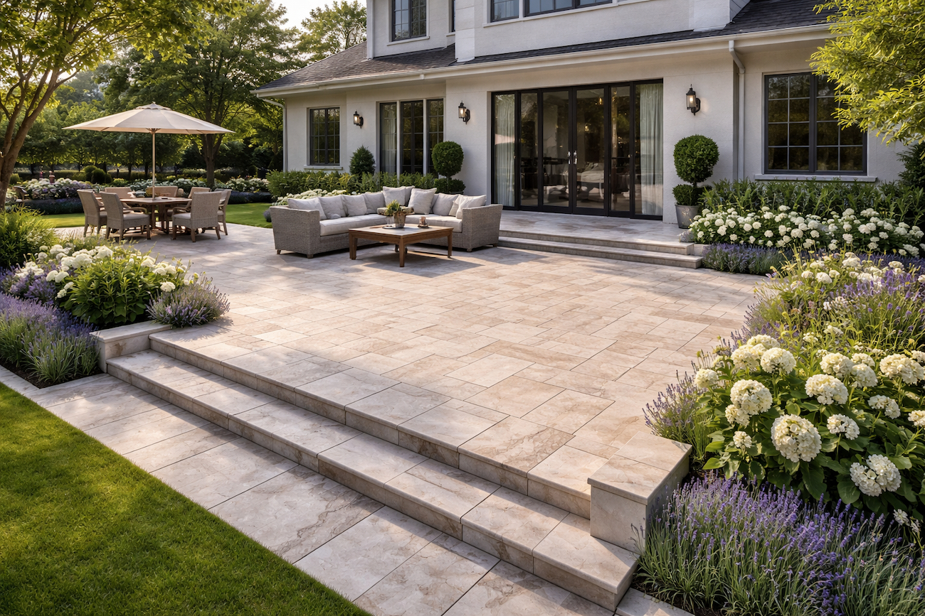 Uređeno dvorište sa velikom terasom ispred kuće popločanom modernim podnim pločicama i baštenskim nameštajem