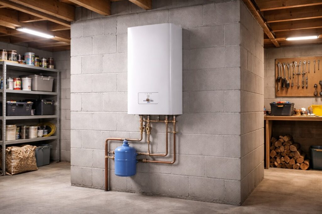 Moderan podrum sa sivim zidovima od betonskih blokova i belim zidnim električnim kotlom povezan sa bakarnim cevima i ekspanzionom posudom