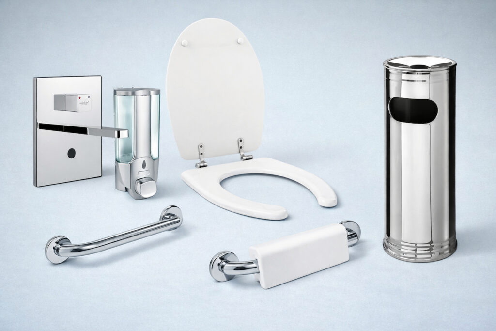 Kupatilska oprema uključujući zidnu slavinu, dozer za sapun, WC dasku, rukohvate i inox kantu na svetloj pozadini