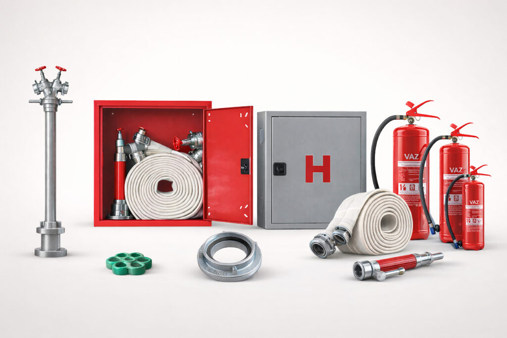 Kataloški prikaz vatrogasne opreme na svetloj pozadini, hidrantski stub, ormar sa vatrogasnim crevom, vatrogasni aparati, mlaznica i spojnice