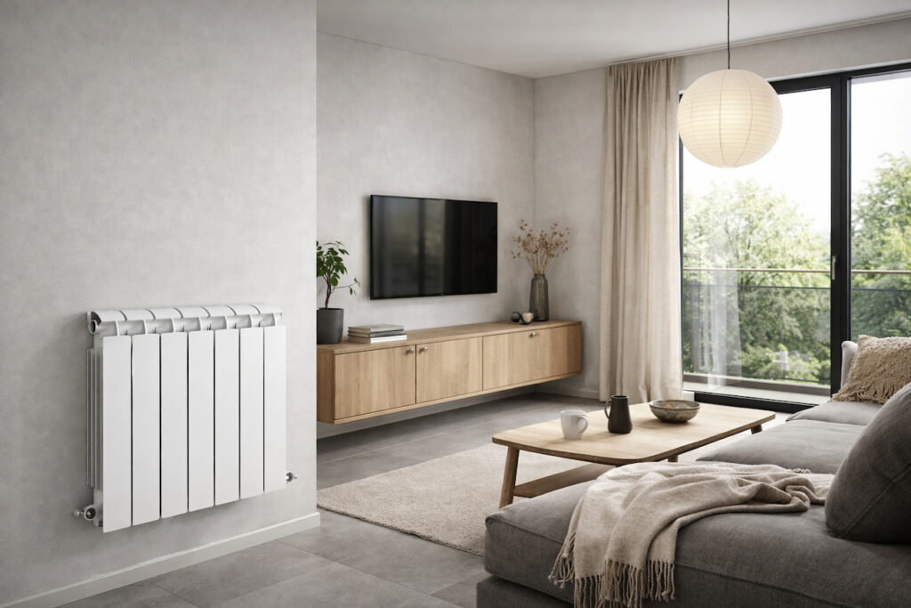 Moderno uređen dnevni boravak sa zidnim aluminijumskim radijatorom za grejanje