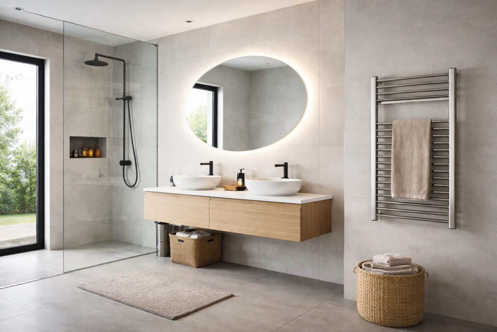 Moderno kupatilo sa zidnim sušačem za peškire, duplim umivaonikom i tuš kabinom