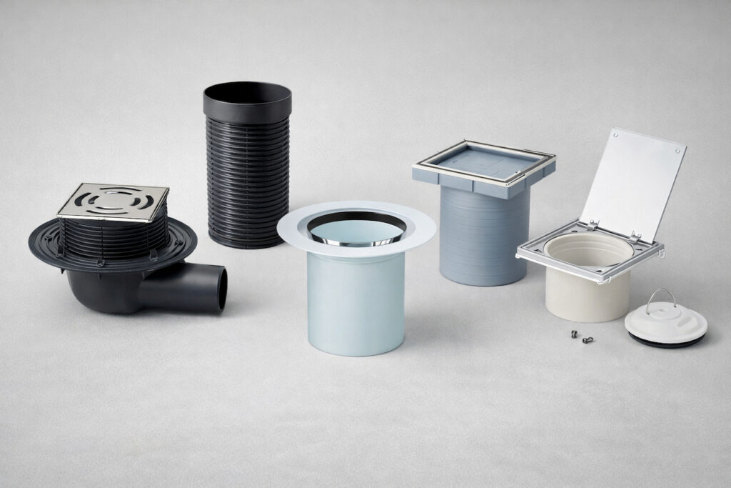 Podni slivnici, drenažne cevi i elementi za otpadne vode sa metalnim rešetkama na svetloj pozadini