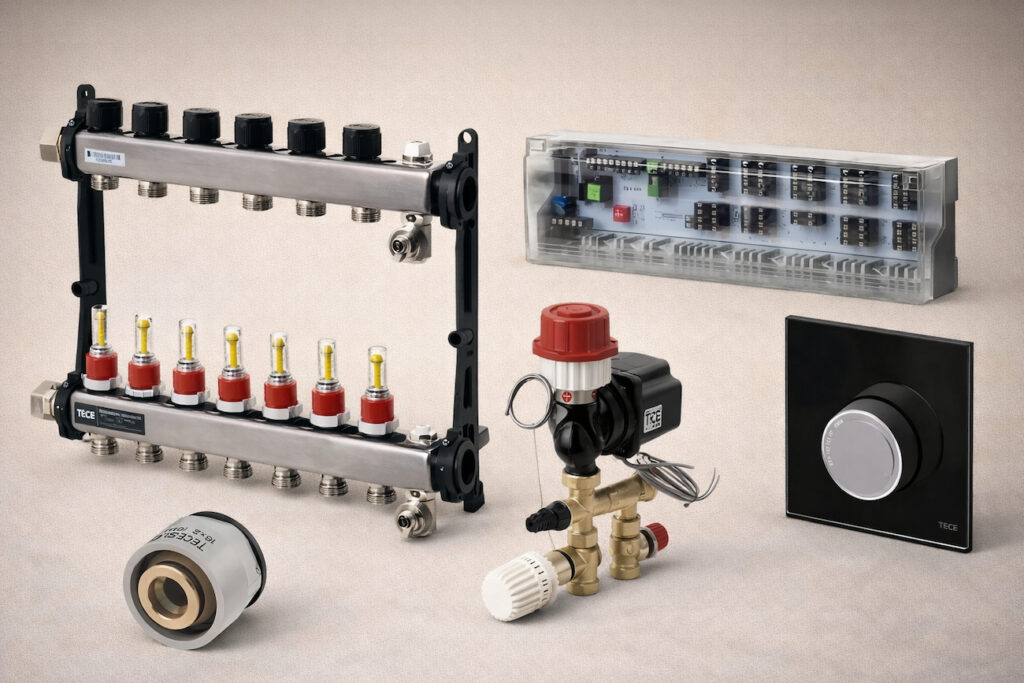 Komponente za podno grejanje uključuju razdelnik sa meračima protoka, regulacioni ventil, elektronsku kontrolnu jedinicu i termostatski regulator