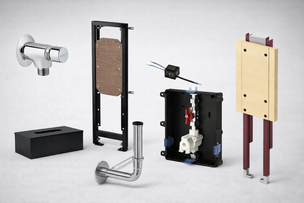 Instalacioni elementi za kupatilo uključuju ugaoni ventil, instalacione okvire, podžbuknu kutiju za ventil i sifon na svetloj pozadini