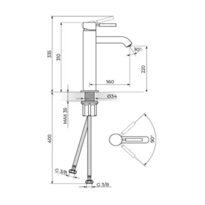 Rosan Gee.O JG30109 tehnički crtež visoke baterije za lavabo