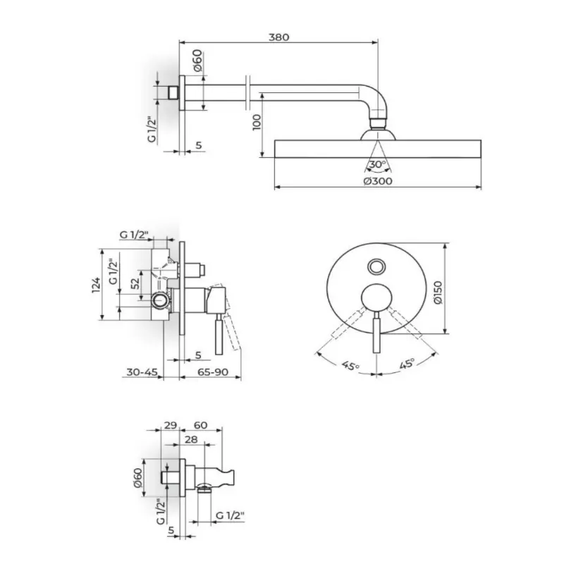 Rosan Gee.O JG31601 uzidna slavina za tuš kadu tehnički crtež