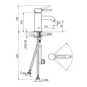 Rosan Gee.O JG30101 baterija za lavabo jednoručna hrom tehnički crtež