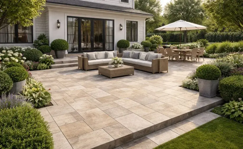 Uređeno dvorište sa velikom terasom ispred ulaza u kuću popločanom podnim pločicama