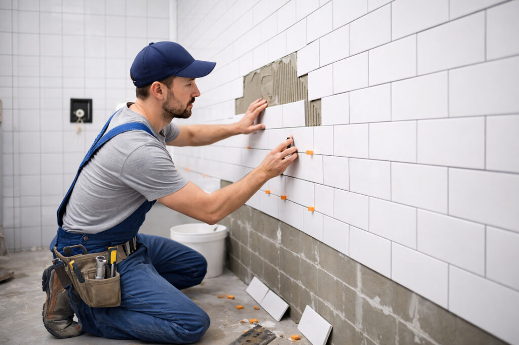 Majstor postavlja keramičke pločice na zid u kupatilu uz pomoć razmaknica i lepka za pločice