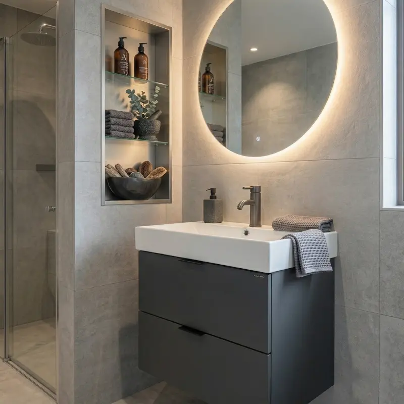 Pino Art Stance lavabo sa ormarićem 60 cm siva 1102 u modernom kupatilu sa LED ogledalom