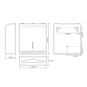 Tehnički crtež držača BEMETA držač ubrusa dimenzije 280x350x105 mm