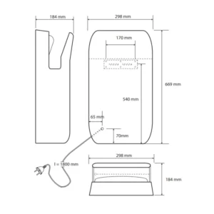Tehnički crtež sušača BEMETA sušač dimenzije 298x669x184 mm