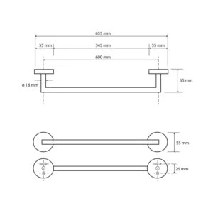 Tehnički crtež držača peškira 600 mm BEMETA Amber držač peškira 600 mm tehnički crtež dimenzije