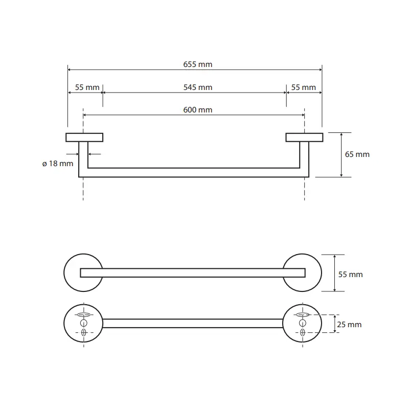 BEMETA Amber držač peškira 600 mm tehnički crtež dimenzije