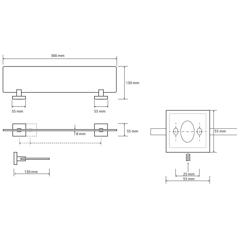 BEMETA Beta staklena polica tehnički crtež dimenzije