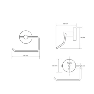 Tehnički crtež držača rolopapira Bemeta Brilo dimenzije