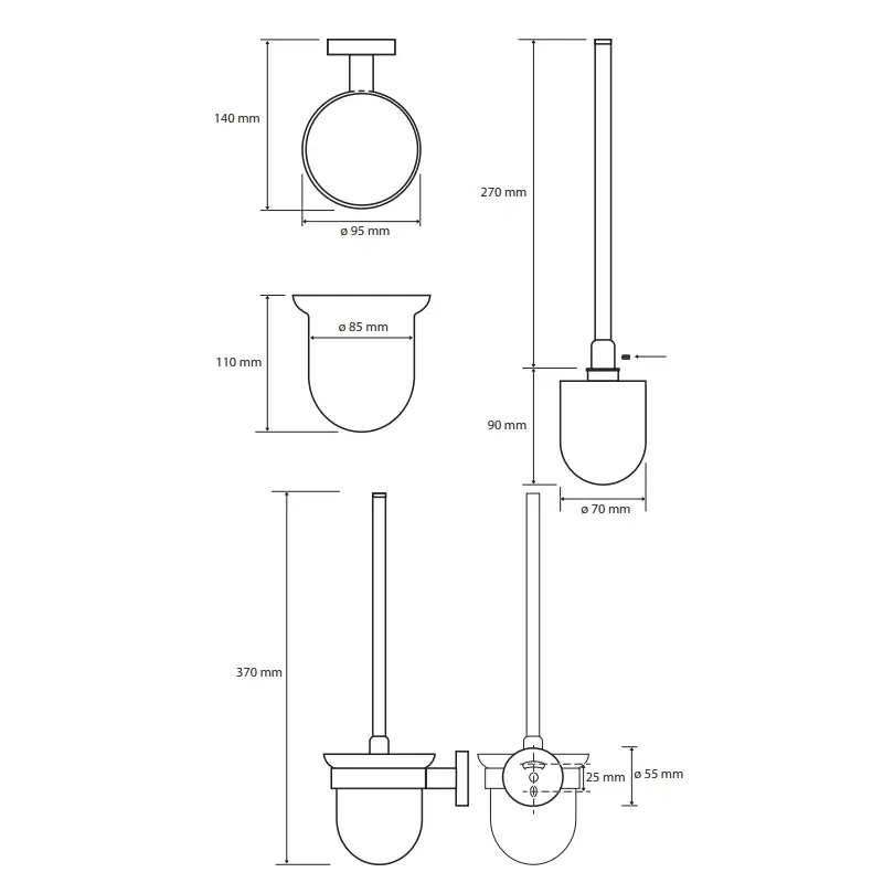 Tehnički crtež wc četke Bemeta Brilo zidne dimenzije