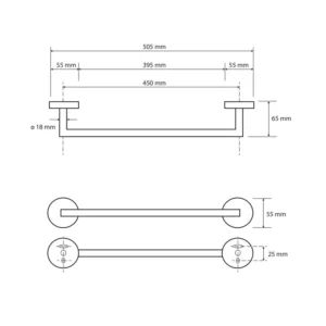 Tehnički crtež držača peškira Bemeta Coral 45 cm dimenzije