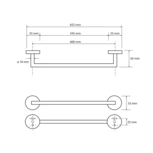 Tehnički crtež držača peškira Bemeta Coral 60 cm dimenzije