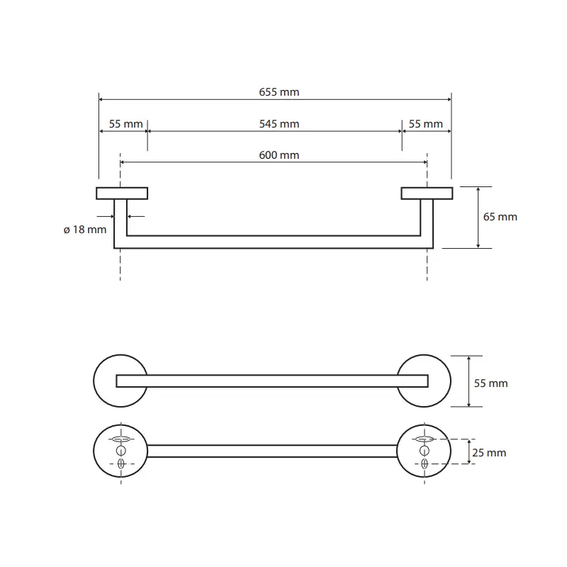 Tehnički crtež držača peškira Bemeta Coral 60 cm dimenzije