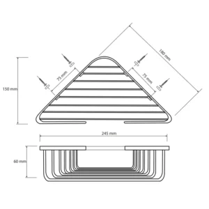 Tehnički crtež ugaone police za tuš Bemeta Cytro dimenzije