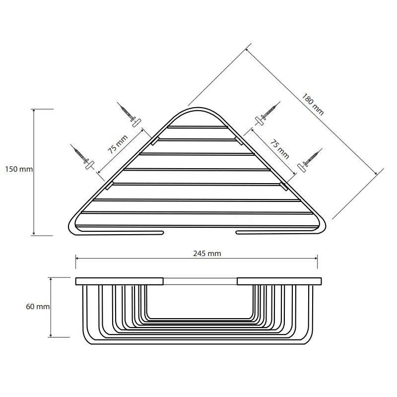 Tehnički crtež ugaone police za tuš Bemeta Cytro dimenzije