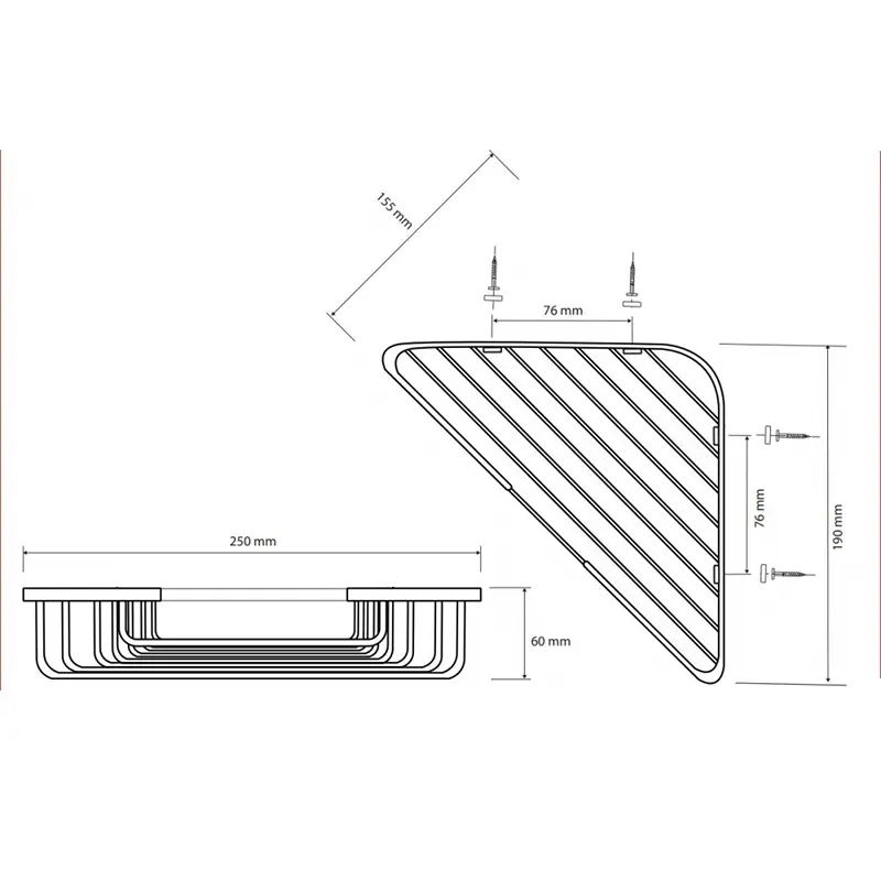 Tehnički crtež ugaone police za tuš Bemeta Cytro dimenzije