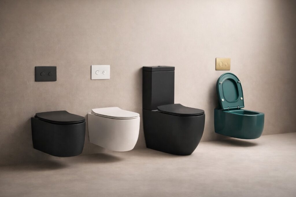 Katalogski prikaz modernih WC šolja različitih boja i modela, uključujući zidne i podne varijante, na neutralnoj minimalističkoj pozadini