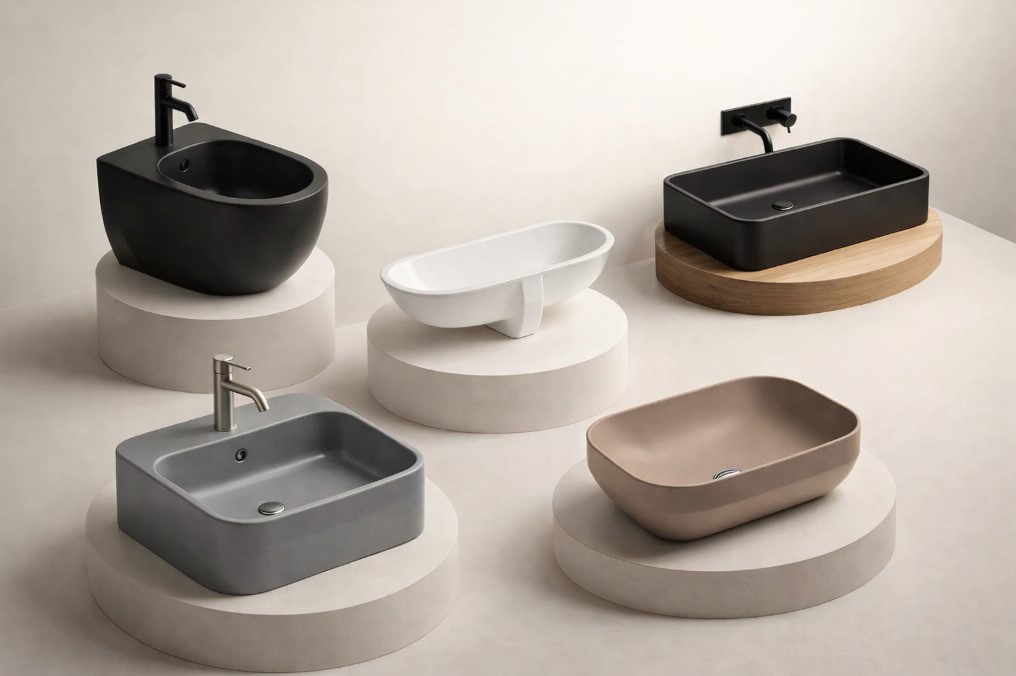 Katalogski prikaz šest modernih kupatilskih lavaboa različitih oblika i boja postavljenih na minimalistička postolja na neutralnoj bež pozadini.