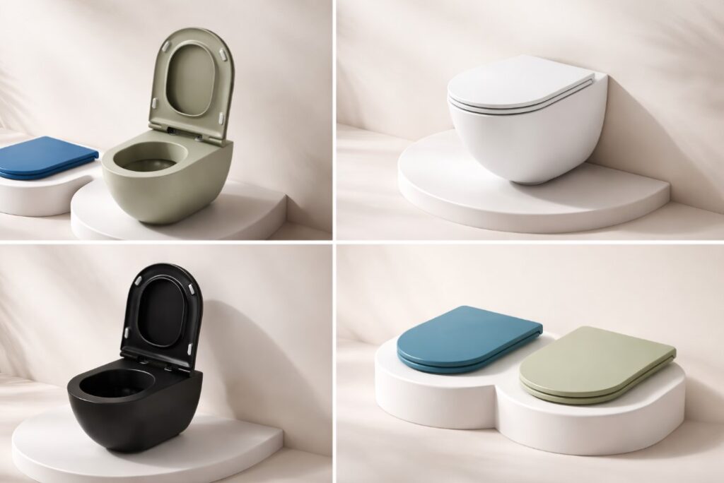 Katalogska kompozicija modernih WC šolja i WC daski u bojama bela, crna, zelena i plava, stilizovano prikazanih na minimalističkim postoljima