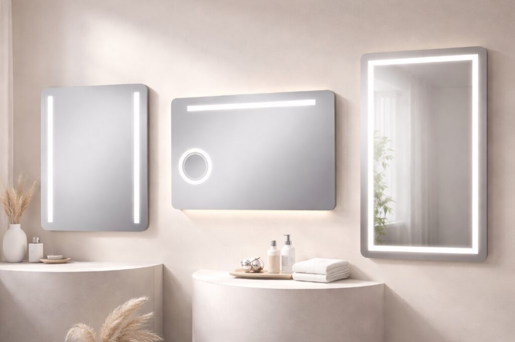 Tri LED ogledala za kupatilo različitog dizajna sa integrisanim osvetljenjem, postavljena na neutralnoj pozadini u katalogskom prikazu