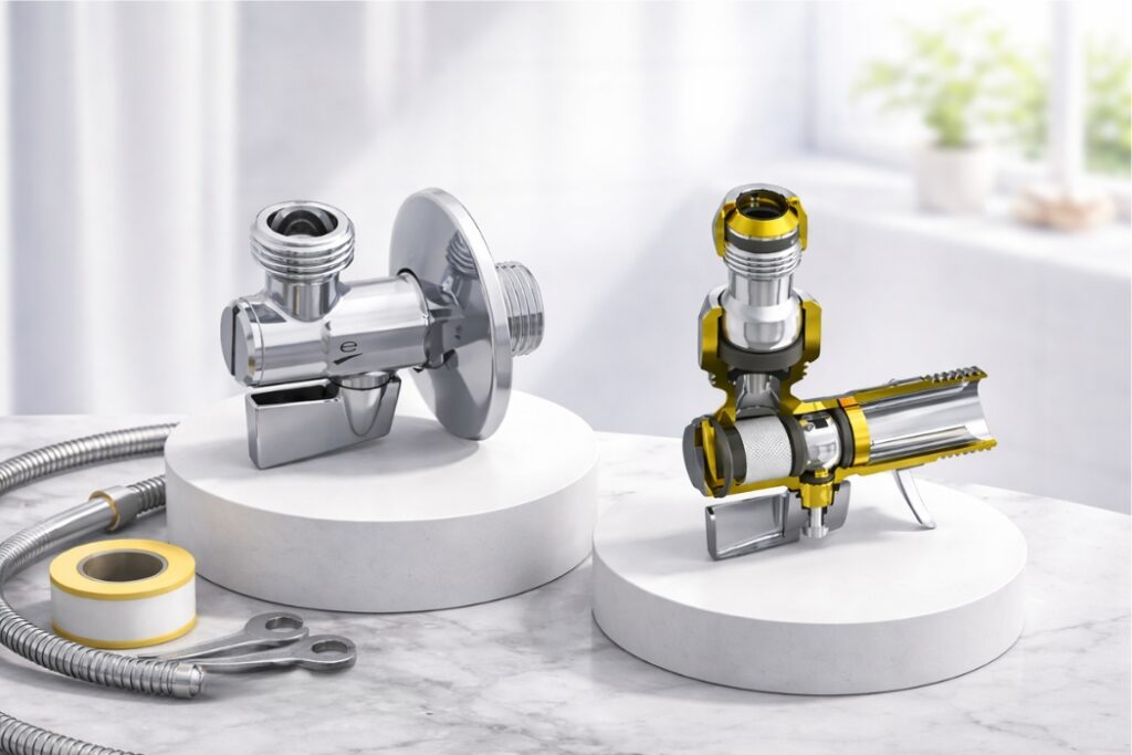 Hromirani EK ventil i njegov presek sa vidljivim unutrašnjim komponentama na minimalističkim postoljima.