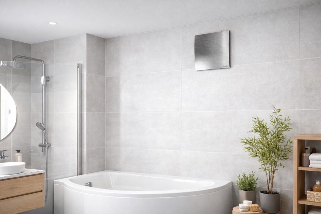 Kupatilo sa ugaonom kadom i ventilacionim otvorom sa metalnom maskom u gornjem delu zida