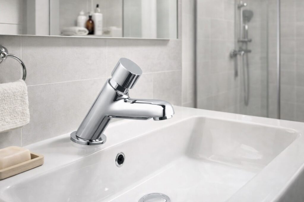 Hromirana ugradna potisna slavina postavljena na beli lavabo u modernom kupatilu sa minimalističkim dizajnom