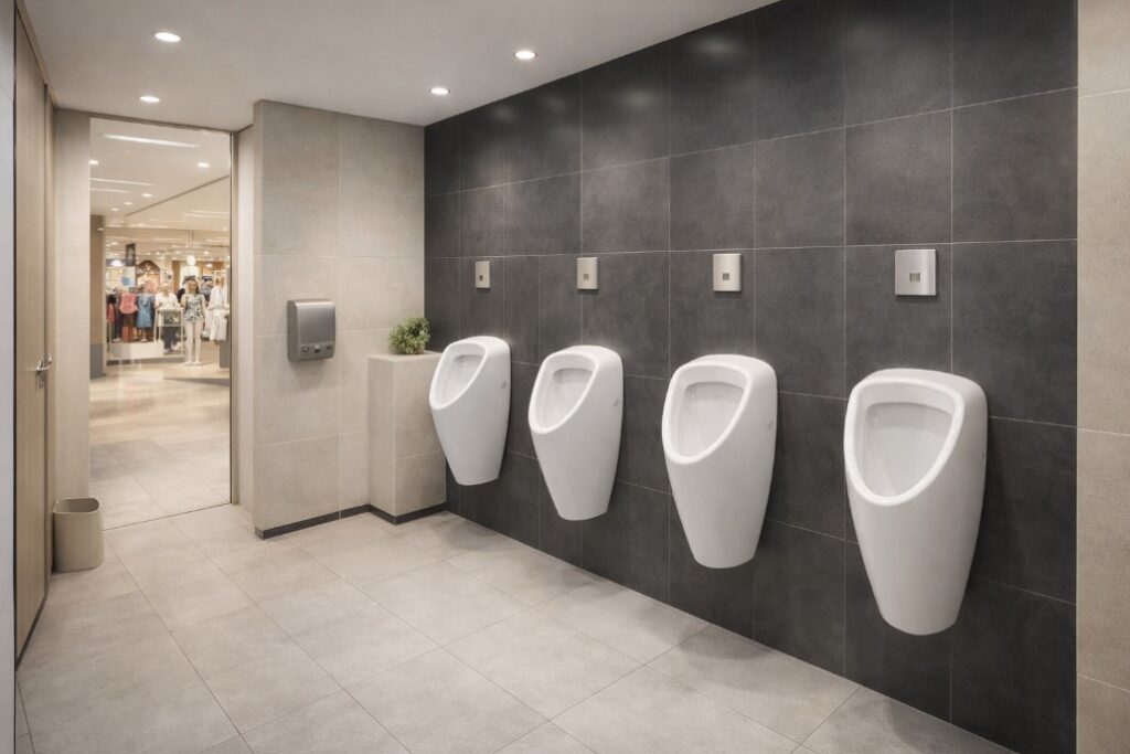Uređeno kupatilo u tržnom centru sa četiri bela zidna pisoara na tamnoj pločici i modernim osvetljenjem
