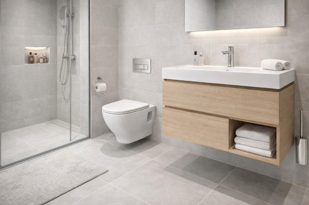 Minimalističko kupatilo sa zidnom WC šoljom, svetlim pločicama i modernim dizajnom