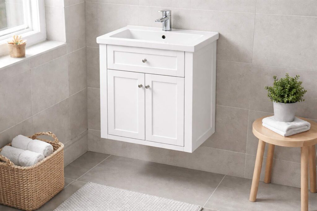 Konzolni ormaric pricvrscen za zid u malom ali modernom kupatilu