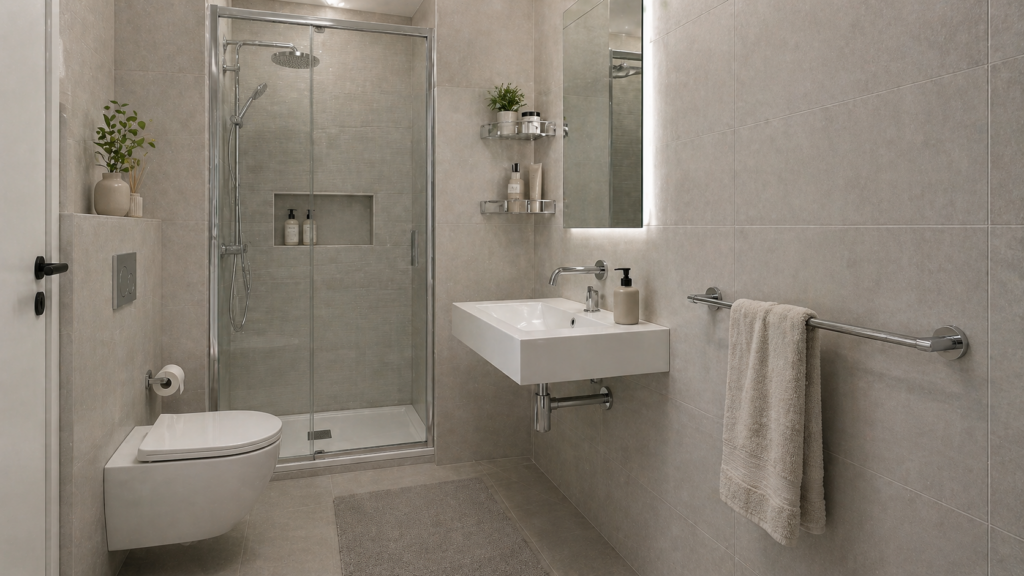 Malo kupatilo sa jednim dugackim nosacem za peskir