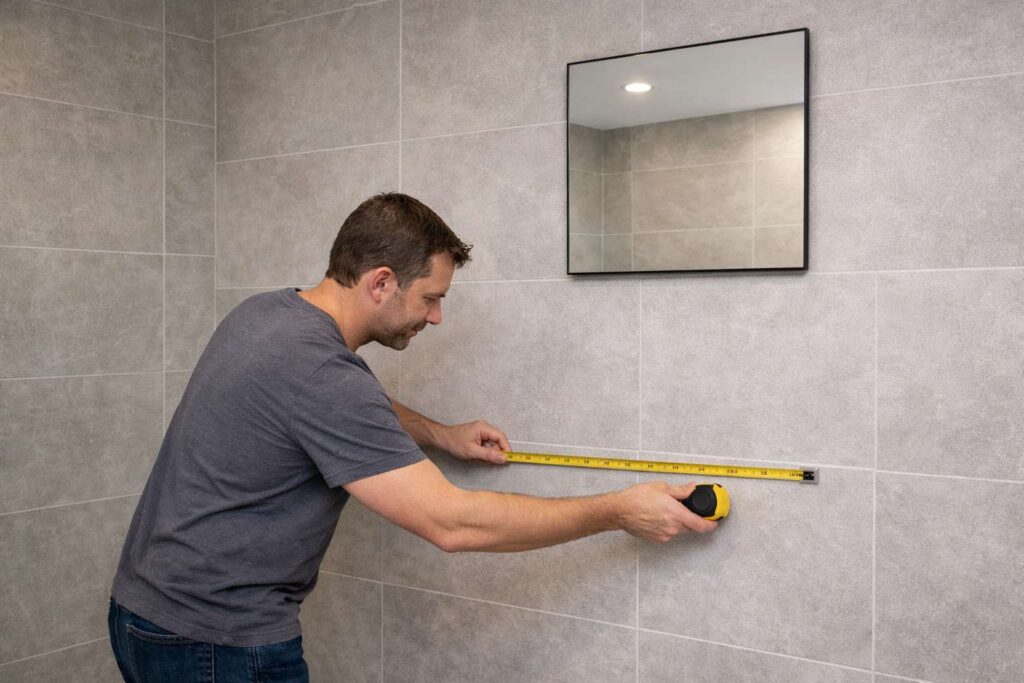 Covek koji meri dimenzije u kupatilu gde treba da bude postavljen ormaric