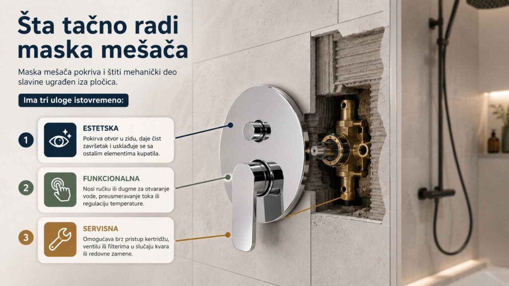 Maska mešača na zidu kupatila sa prikazom dela instalacije iza pločica.