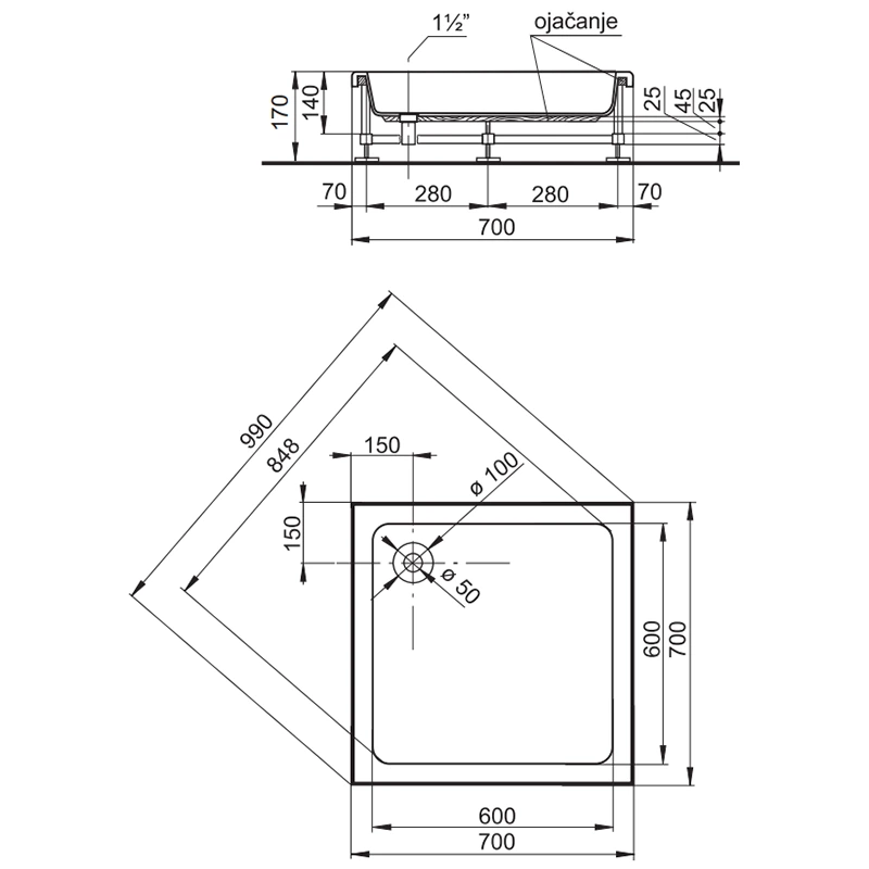 POLYAGRAM Alfa tuš kada 70x70 cm u kompletu (ALFA-70-KOMPLET) - Slika 3
