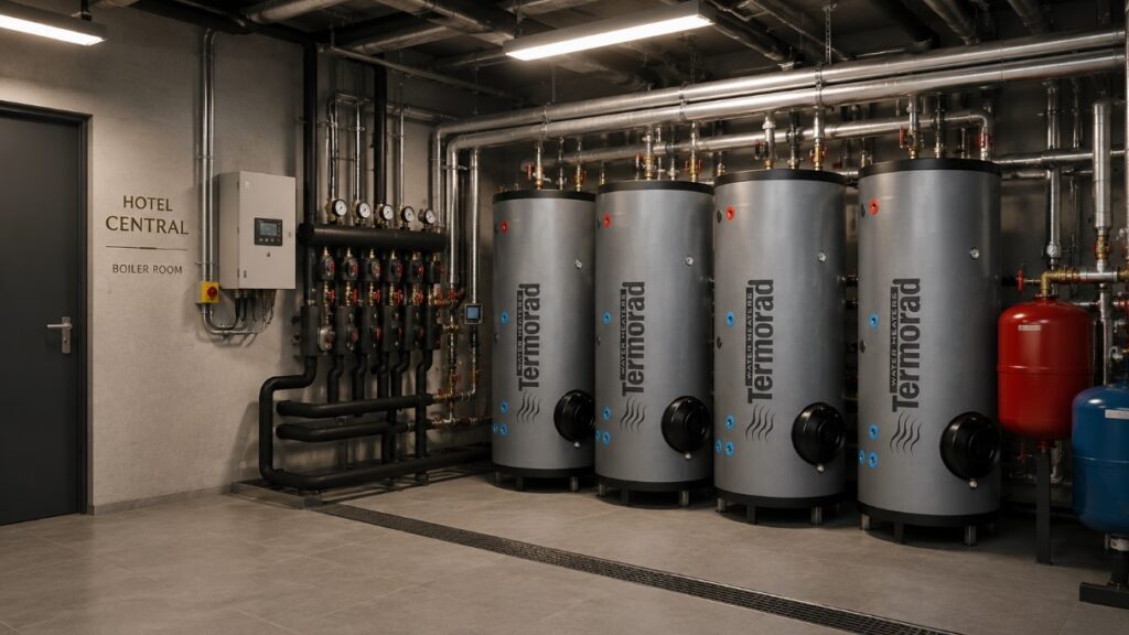 Profesionalna hotelska kotlarnica sa velikim vertikalnim bojlerom za zagrevanje sanitarne vode i industrijskim instalacijama.