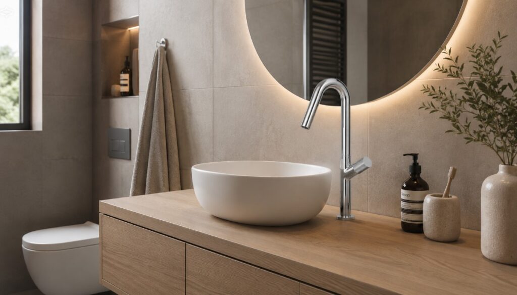 Moderno kupatilo u minimalističkom stilu sa elegantnom hromiranom slavinom za lavabo, neutralnim tonovima i luksuznim detaljima